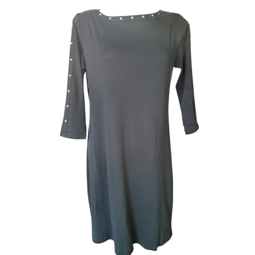 Karen Scott Sport Black Stretch Knit Dress Womens Medium Studded Neckline
